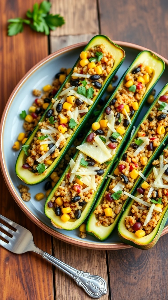 Stuffed zucchini boats filled with quinoa, black beans, corn, topped with cheese, garnished with herbs on a wooden table.